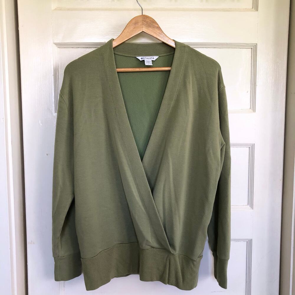 Athleta Purana Wrap Sweatshirt Cardigan SP Soft Modal Fleece Olive Green Lounge